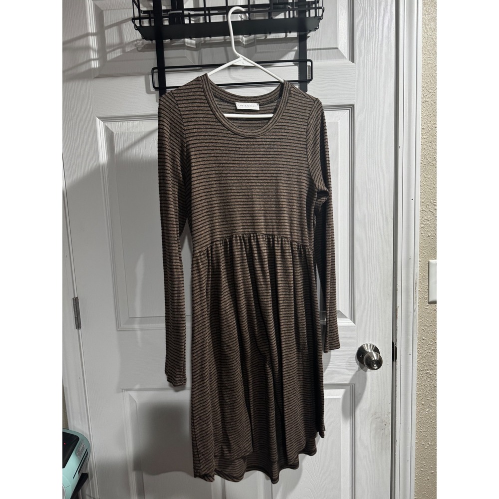 Chris & Carol Womens Brown Black Striped Long Sleeve Empire Waist Midi Dress